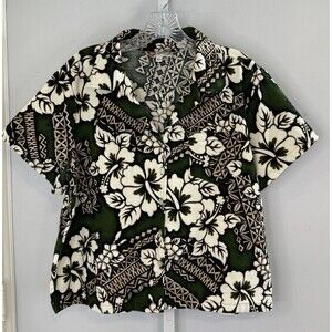 Hilo Hattie Hawaiian Shirt XL Green Tapa Hibiscus Barkcloth 100% Cotton Aloha